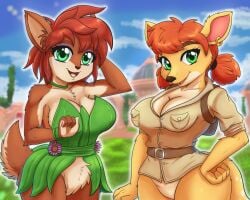 2girls activision anthro arm_behind_head big_breasts breasts busty cleavage elora female female_only green_eyes hand_on_hip hi_res large_breasts legs makeup multiple_girls red_hair sensual sheila_(spyro) smile spyro_the_dragon thighs voluptuous yuri