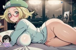 ai_generated bed bedroom bianca_(pokemon) blonde_hair bow bulge_quest glasses green_eyes hat laying_on_bed pokemon pokemon_bw shirt short_hair tagme wide_hips