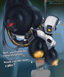 18_(artist) 1boy1girl anthro ass ass_bigger_than_head bedroom_eyes big_breasts big_butt blush bodily_fluids boob_hat breasts breasts_bigger_than_head curvy_figure dialogue duo english_text female glados hanging_breasts heart hi_res huge_breasts huge_butt human humanoid machine male male/female mammal narrowed_eyes nipples not_furry nude portal_(series) robot seductive simple_background sweat sweaty_butt text thick_thighs upside-down valve voluptuous whitepony