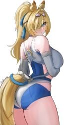 1girl absurdres animal_ears ass blonde_hair blue_eyes blue_one-piece_swimsuit breasts commentary cowboy_shot deser99 english_commentary goggles goggles_on_head hair_over_one_eye high_ponytail highres horse_ears horse_girl horse_tail large_breasts long_hair looking_at_viewer official_alternate_costume one-piece_swimsuit parted_lips ponytail sigrid_(zenless_zone_zero) sigrid_de_l'azur solo swim_goggles swimsuit tail two-tone_one-piece_swimsuit white_one-piece_swimsuit zenless_zone_zero