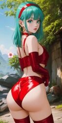 ai_generated artist_request ass bra_(dragon_ball) bra_briefs breasts dragon_ball dragon_ball_z female female_focus female_only looking_at_viewer looking_back short_hair teal_eyes teal_hair thick_thighs thighhighs thighs