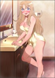 1girls aquila_yuna barely_clothed bathroom blonde_hair blue_eyes breasts bronze_saints embarrassed embarrassed_nude_female female human long_hair mix_station pale-skinned_female pale_skin saint_seiya saint_seiya_omega tagme towel yadokari_genpachirou