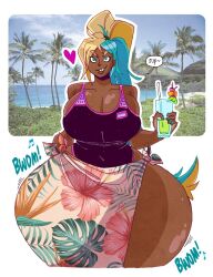 1girl 1girls beach big_breasts big_hipped big_hips breasts carol_(carro3dsculpts) dark-skinned_female dark_skin drink female female_only hips hips_wider_than_shoulders huge_breasts huge_hips large_breasts large_hips monstergrotto onomatopoeia swimsuit tagme text text_bubble thick_thighs thighs wide_hips