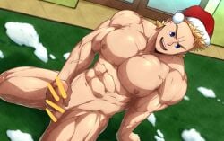 1boy abs bara big_muscles big_pecs blonde_hair boku_no_hero_academia completely_nude erection gay hat highres human kuroshinki large_pectorals male male_focus male_masturbation male_only masturbation mirio_togata muscular muscular_human muscular_male my_hero_academia navel nipples nude open_mouth paid_reward_available pecs pectorals penis santa_hat short_hair sitting smile solo solo_male testicles thick_thighs thighs togata_mirio yaoi