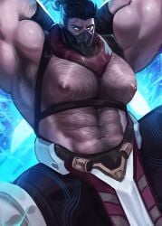 abs armpits arms_up bara big_chest big_pecs chest hairy hairy_chest kaysuo large_pectorals league_of_legends male male_focus male_only mask masked masked_male muscular muscular_male nipples pecs pectorals pulsefire_series pulsefire_shen shen solo solo_focus solo_male