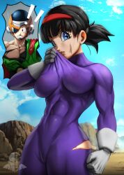 1boy 1girls abs after_battle black_hair blue_eyes bodysuit breasts cameltoe clothing dragon_ball dragon_ball_z elitenappa female gloves great_saiyaman great_saiyaman_2 human male muscular muscular_male saiyan son_gohan thick_thighs tight_clothing toned toned_female torn_clothes videl videl_(dragon_ball_super) wide_hips