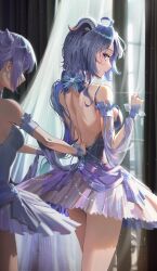 2girls ballerina bare_back blue_hair female female_focus female_only ganyu_(genshin_impact) genshin_impact helping horns keqing_(genshin_impact) light-skinned_female light_skin long_hair looking_at_partner looking_back medium_breasts multiple_girls open_back purple_hair sssong_aa tagme