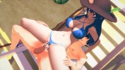 1boy 1girls 3d animated applesoda beach black_headwear blue_bikini blue_hair breasts cleavage cum hinanawi_tenshi koikatsu long_hair loop looping_animation no_sound outdoors panties_aside penis red_eyes reverse_cowgirl_position reverse_upright_straddle straight tenshi_hinanawi touhou vaginal_penetration video