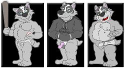 alpha_channel anthro badger barefoot black_background black_body black_clothing black_fur black_hoodie black_nose black_topwear bottomless bottomless_male briefs briefs_only bruce_(brucebadger) brucebadger clothed clothing cup_(sports) drawstrings feet frown fur genitals grey_body grey_fur groping_crotch holding_baseball hoodie jockstrap male male_only mammal mustelid musteline open_mouth penis pink_penis self_grope sharp_teeth solo teeth teeth_showing tighty_whities tongue_showing topless topwear transparent_background underwear underwear_only white_body white_briefs white_clothing white_fur white_jockstrap white_underwear