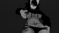 anthro chest_tattoo chubby_belly chubby_female death_(puss_in_boots) dreamworks fangs female flashing flashing_breasts grey_body hi_res leg_tattoo lustfuldemon mamagen nipples piercing pubic_tattoo puss_in_boots_(dreamworks) puss_in_boots_the_last_wish red_eyes sabertooth_(anatomy) sharp_teeth slightly_chubby tattoo teasing teeth thick_thighs thigh_tattoo