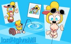 ass bikini bikini_top blonde_hair blue_eyes breasts breasts_out coraline_(mii_plaza) female female_only fish fish_hook fishing fishing_rod floating_hands hook lord4givemii midriff mii multiple_poses nintendo nipples skirt streetpass_mii_plaza sunglasses_on_head visor_cap wardrobe_malfunction yellow_hair