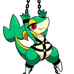 1:1 ai_generated bondage bondage bound chains cuff_(restraint) female feral generation_5_pokemon green_body harness hellsonger hi_res looking_at_viewer nintendo pokemon pokemon_(species) red_eyes reptile restraints scalie shackles simple_background snivy solo sweat white_background