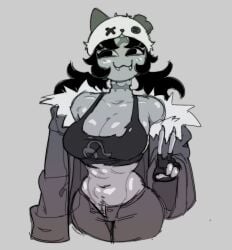 1girls 2022 :3 black_hair blush breasts broken_horn cleavage fangs fingerless_gloves gnausea grey_background grey_skin hat homestuck horns jacket jeans long_hair monochrome ms_paint_adventures nepeta_leijon pubic_hair scar smile solo sports_bra troll v