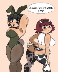 2girls aleks_kay4 armpits arms_behind_head arms_up back_view bare_shoulders big_ass big_breasts black_eyes black_hair bunny_ears bunny_tail bunnysuit cow_girl cow_horns cow_print cow_print_panties cow_print_thighhighs eyeshadow female female_only freckles hollie_hawkes kim_pine looking_back red_hair scott_pilgrim short_hair speech_bubble