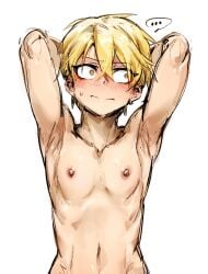 arms_up blonde_hair blush completely_naked completely_naked_male completely_nude completely_nude_male doppel hi_res highres highschool_boy hong_il-tak light-skinned_male light_skin looking_away looking_away_from_viewer male male_only masculine naked naked_male nipples presenting presenting_self shy solo solo_male tagme twink_penetrated