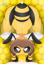 <3_eyes absurd_res all_fours anthro arthropod bee deny_the_mouse_(whygenamoon) duo food girly heart heart-shaped_pupils hi_res honey_(food) honeycomb hymenopteran insects looking_at_viewer male male/male male_penetrated male_penetrating male_penetrating_male mammal mouse murid murine oral oral_penetration penetration penile penile_penetration rodent sex stinger_(anatomy) whygenamoon wings