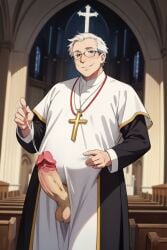 2024 ai_generated cassock christianity church clothed cross cum cumdrip erection glans glasses gordon_the_organist grey_hair huge_cock looking_at_viewer older_male open_clothes penis penis_out priest solo_male stable_diffusion