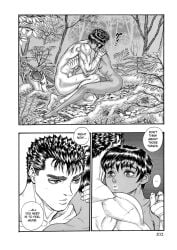 1boy 1girls armor athletic berserk black_hair casca completely_nude couple dark-skinned_female dialogue female guts_(berserk) hugging human imminent_sex interracial male manga monochrome muscular muscular_female muscular_male nature_background nude_female nude_male screenshot short_hair sword text