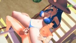 1boy 1girls 3d animated applesoda beach black_headwear blue_bikini blue_hair bouncing_breasts breasts cleavage covered_nipples cum hinanawi_tenshi koikatsu long_hair loop looping_animation musi_cassie musicasnsfw outdoors panties_aside penis red_eyes reverse_cowgirl_position reverse_upright_straddle sound straight tagme tenshi_hinanawi touhou vaginal_penetration video