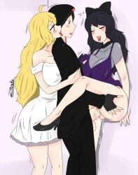 1boy 2girls against_wall big_breasts black_hair black_hair_female blake_belladonna blonde_female blonde_hair dress hand_on_butt jin_satou licking_cheek original_character penetration purple_eyes rwby sex suit tongue_out yang_xiao_long zronku