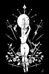 1girls 2022 armpit_hair armpits artist_signature beespaceprogram bird black_and_white blindfold bound_legs flowers legs_bound naked naked_female nipple_chain nipple_piercing nude nude_female pubic_hair solo solo_female sword sword_swallower