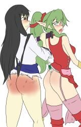 2girls ass big_ass black_eyes black_hair black_panties boots breasts female female_only fire_emblem fire_emblem:_the_blazing_blade fire_emblem_awakening garter_straps green_eyes green_hair karla_(fire_emblem) medium_breasts multiple_girls nintendo open_mouth panties pointy_ears principenegro scared shocked spank_marks spanked sword thigh_boots thighhighs thighs tiki_(adult)_(fire_emblem) tiki_(fire_emblem) underwear very_long_hair weapon wedgie white_background white_panties wide_eyed