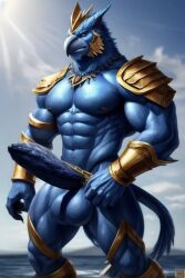 1boy ai_generated anthro avian avian_humanoid blue_feathers horns huge_balls huge_cock monster monster_cock muscles muscular muscular_anthro muscular_male thancrus