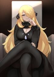 1girls black_dress blonde blonde_female blonde_hair breasts cynthia_(pokemon) female female_only hair_covering_eye hair_covering_one_eye hair_ornament hair_ornaments hair_over_one_eye hand_on_cheek legs_crossed long_hair no_nipples no_nipples_visible no_penis no_sex pokemon pokemon_dppt sitting_on_chair smile solo solo_female tagme zet_(twt_zet)