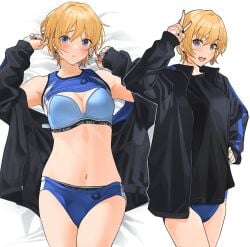 1girls black_jacket black_shirt blonde_hair blue_bra blue_buruma blue_eyes blue_panties blue_sports_bra blue_tank_top blush bra breasts buruma cleavage closed_mouth clothes_lift clothing commentary_request earrings female from_below gal_girlfriend_(tipii) hair_between_eyes hand_on_own_hip hoop_earrings jacket jewelry legs_together looking_at_viewer lower_teeth_only matching_underwear medium_breasts nail_polish navel open_clothes open_jacket open_mouth original panties shirt shirt_lift short_hair sports_bra t-shirt tank_top teeth tipii underwear