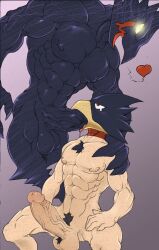 2020 anthro avian ball_tuft balls big_penis bird chest_tuft corvid corvus_(genus) crow duo fellatio fumikage_tokoyami gay genitals glans heart hi_res humanoid_genitalia humanoid_penis male male/male my_hero_academia nipples nude oral oscine passerine penile penis pubes sex tuft utx-shapeshifter vein veiny_penis