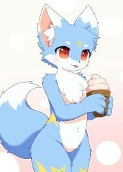 1boy :p anthro artist_request blue_body blue_fur canid canine canis cute ear fluffy fluffy_chest fluffy_ears fluffy_tail furry holding_object ice_cream ice_cream_cone looking_at_object male markings_(fur) pointy_ears red_eyes simple_background solo tail thick_thighs tongue_out unknown_artist white_body white_fur wide_hips wolf yellow_fur