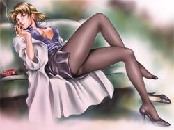 1girls ashtray blonde_hair breasts cigarette cleavage clothing dusty_heaven erect_nipples erect_nipples_under_clothes female gainax hair human large_breasts legs light-skinned_female light_skin neon_genesis_evangelion pantyhose ritsuko_akagi scientist short_hair single_shoe skirt smoking