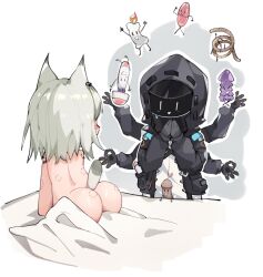 1boy 1girls animal_ears arknights cat_ears cat_tail catgirl censored chibi covering doctor_(arknights) hi_res kal'tsit_(arknights) kemonomimi light-skinned_female light_skin naked naked_female nude nude_female rope sex_toy simple_background smile tabayashi vibrator white_hair