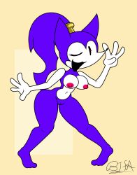 barefoot belly_dancer bifa black_eyes breasts hips long_hair looking_at_viewer needlemouse_(character) needlemouse_(series) ponytail purple_hair purple_skin red_eyes sarah_henderson_(needlemouse) shantae_(cosplay) shantae_needlemouse sonic.exe_(series) wide_hips