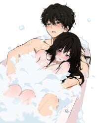 1boy1girl bath bathing bathing_together bathtub black_hair black_hair_female blush blushing brown_hair brown_hair_male bubble_bath bubbles censored censored_breasts censored_pussy chitanda_eru cowgirl_position embarrassed girl_on_top green_eyes hyouka mery_(yangmalgage) nude_female nude_male on_top oreki_houtarou purple_eyes