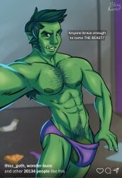 armpit_hair balls beast_boy big_bulge body_hair bulge dc dc_comics flaccid garfield_logan green_body green_skin male male_only masculine muscular penis pointy_ears solo solo_male steve_keenell teen_titans