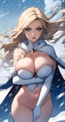 ai_generated babeshaven big_breasts blonde_hair blue_eyes bottomless bottomless_female breasts cape choker corset covering covering_pussy curvy curvy_female earrings emma_frost female female_only giant_breasts hellfire_club hourglass_figure large_breasts marvel marvel_comics navel no_panties opera_gloves thick_thighs thin_waist white_queen wide_hips x-men