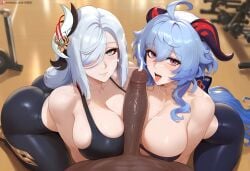 ai_generated cleavage cumshot dark-skinned_male facial ffm_threesome ganyu_(genshin_impact) genshin_impact gym huge_cock hydrolis999 interracial light_smile mihoyo nai_diffusion open_mouth pov shenhe_(genshin_impact) smiling sports_bra threesome tight_clothing tongue_out