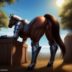 1girls ai_generated anthro anus armor ass ass_focus bent_over brown_fur butt darkeffect dnd_character equine equine_genitalia equine_pussy female_only furry horse looking_at_viewer looking_back medieval ponut presenting_hindquarters pussy pussy_juice rear_view tail