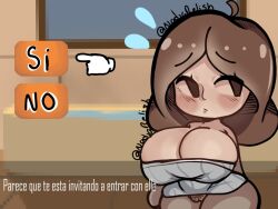 1girls bathroom bathtub big_breasts blush breasts brown_hair female female_only inviting looking_away mii nadja_relish pubic_hair pussy solo solo_female spanish_text text tomodachi_life towel towel_only translation_request tub