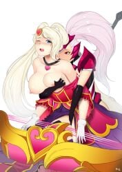 2females 2girls abbb big_breasts blue_eyes blue_eyes_female breasts breasts_out challenger_nidalee esports_series female/female female_focus female_only fondling fondling_breast fondling_breasts heartbreakers_series huge_breasts large_breasts league_of_legends lesbian light-skinned_female light_skin love_heart loveheart nibbling nidalee only_female ponytail ponytail_female red_eyes red_eyes_female riot_games simple_background sona_buvelle strapless strapless_dress sweatdrop sweetheart_sona visible_breasts visible_nipples white_background white_hair white_hair_female world_championship_(league_of_legends) yuri