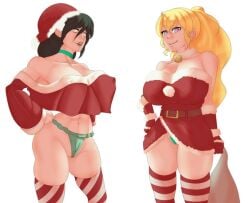 2girls avatar_legends avatar_the_last_airbender big_breasts black_hair black_hair_female blind_eye blonde_female blonde_hair christmas christmas_headwear christmas_outfit crossover earth_kingdom female female_only mr.russo multiple_girls rwby toph_bei_fong underwear yang_xiao_long