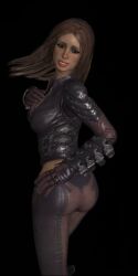 3d animated assassin batman:_arkham_city batman_(series) big_breasts dc dc_comics hand_on_hip leather_jacket leather_pants looking_over_shoulder seductive_look seductive_smile talia_al_ghul talia_al_ghul_(arkham_city)