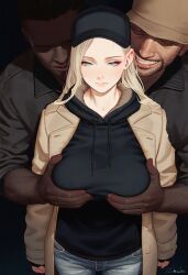 1girls 2boys ai_generated big_breasts blonde_hair blue_eyes breasts cap coat dark-skinned_male dark_skin expressionless female fully_clothed grope groping groping_breasts groping_from_behind interracial light-skinned_female light_skin long_hair male resident_evil resident_evil_8:_village rosemary_winters