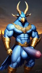 1boy ai_generated anthro avian avian_humanoid blue_feathers horns huge_balls huge_cock monster monster_cock muscles muscular muscular_anthro muscular_male thancrus