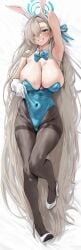 absurdly_long_hair absurdres ai_assisted ai_generated animal_ears arm_behind_head arm_up armpits asuna_(blue_archive) asuna_(bunny)_(blue_archive) asymmetrical_bangs bangs bare_shoulders bed_sheet bed_sheet_background black_pantyhose blue_archive blue_bow blue_bowtie blue_eyes blue_leotard blue_ribbon blush bow bowtie breasts brown_pantyhose cleavage collar covered_navel curvy dakimakura_(medium) detached_collar elbow_gloves fake_animal_ears female full_body gloves grin hair_over_one_eye hair_ribbon hair_spread_out hairband hairbow halo high_heels highleg highleg_leotard highres huge_breasts komorebi_p large_breasts leg_up legs leotard leotard_pull light_brown_hair long_hair looking_at_viewer lying millennium_science_school_student mole mole_on_breast official_alternate_costume on_back one_eye_covered pantyhose playboy_bunny presenting_armpit rabbit_ears ribbon sagging_breasts seductive_smile self-upload shoes simple_background skindentation smile solo strapless strapless_leotard sweat swept_bangs teeth thighband_pantyhose thighs traditional_bowtie very_long_hair white_background white_collar white_footwear white_gloves white_hairband