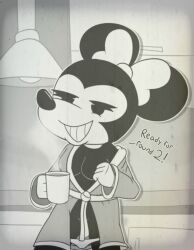 anthro anthro_only bathrobe beverage bow_ribbon breasts clothed clothing coffee disney exposed_breasts female hi_res mammal minnie_mouse monochrome mouse murid murine partially_clothed pose robe rodent smile smug solo standing toony underwear weirdkoaladream