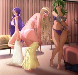 aquila_yuna ass athena_(saint_seiya) blonde_hair blush bra breasts bronze_saints female goddess green_hair human indoors long_hair looking_at_viewer mix_station ophiuchus_shaina pale-skinned_female pale_skin panties purple_hair saint_seiya saint_seiya_omega saori_kido silver_saints tagme yadokari_genpachirou