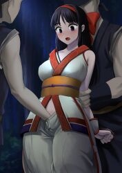 1girls 2boys ainu ainu_clothes arm_behind_back arm_grab big_breasts black_hair blush breasts busty fingering hair_ribbon king_of_fighters large_breasts legs male multiple_boys nakoruru navel open_mouth pants purple_eyes samurai_shodown snk surprised thighs voluptuous