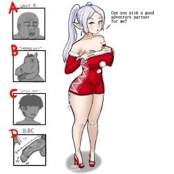 1girls 2d big_penis braid braids christmas christmas_clothing christmas_outfit clothed dark-skinned_male dress elf elf_ears elf_female english_text female frieren full_body fully_clothed heels horse human little_guy looking_at_viewer mapachips medium_breasts sousou_no_frieren talking_to_viewer text thick_thighs tiny_penis twintails ugly_bastard white_hair white_skin xmas zoophilia